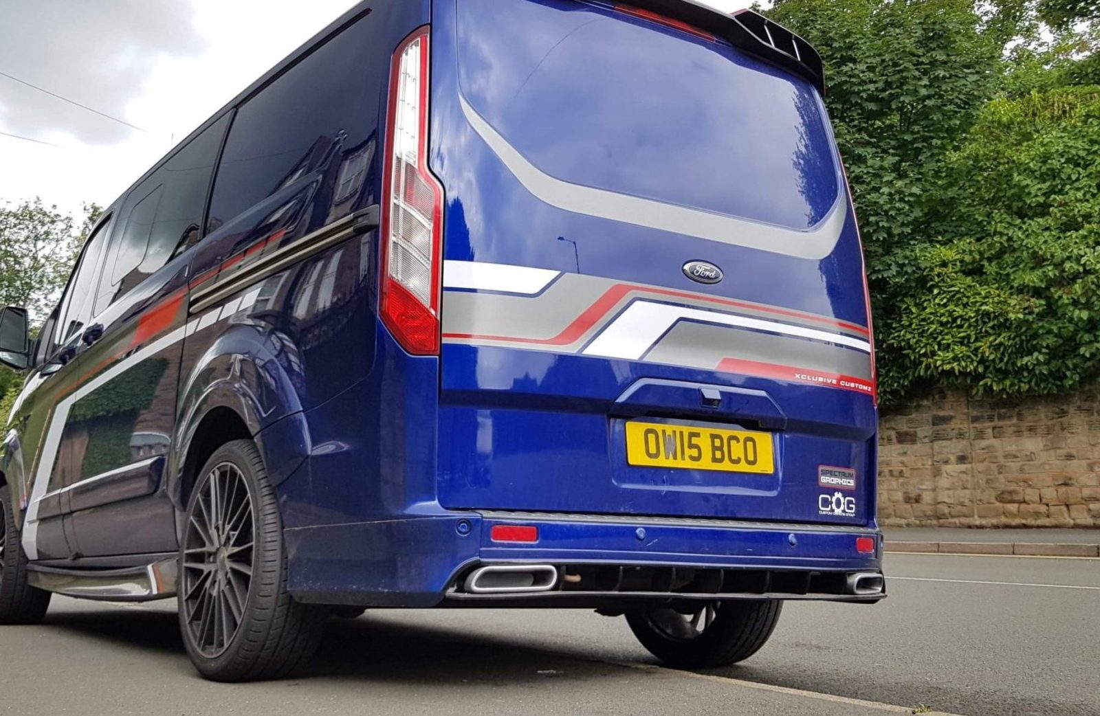 A Blue Ford Transit Custom with our rear Bumper Add on