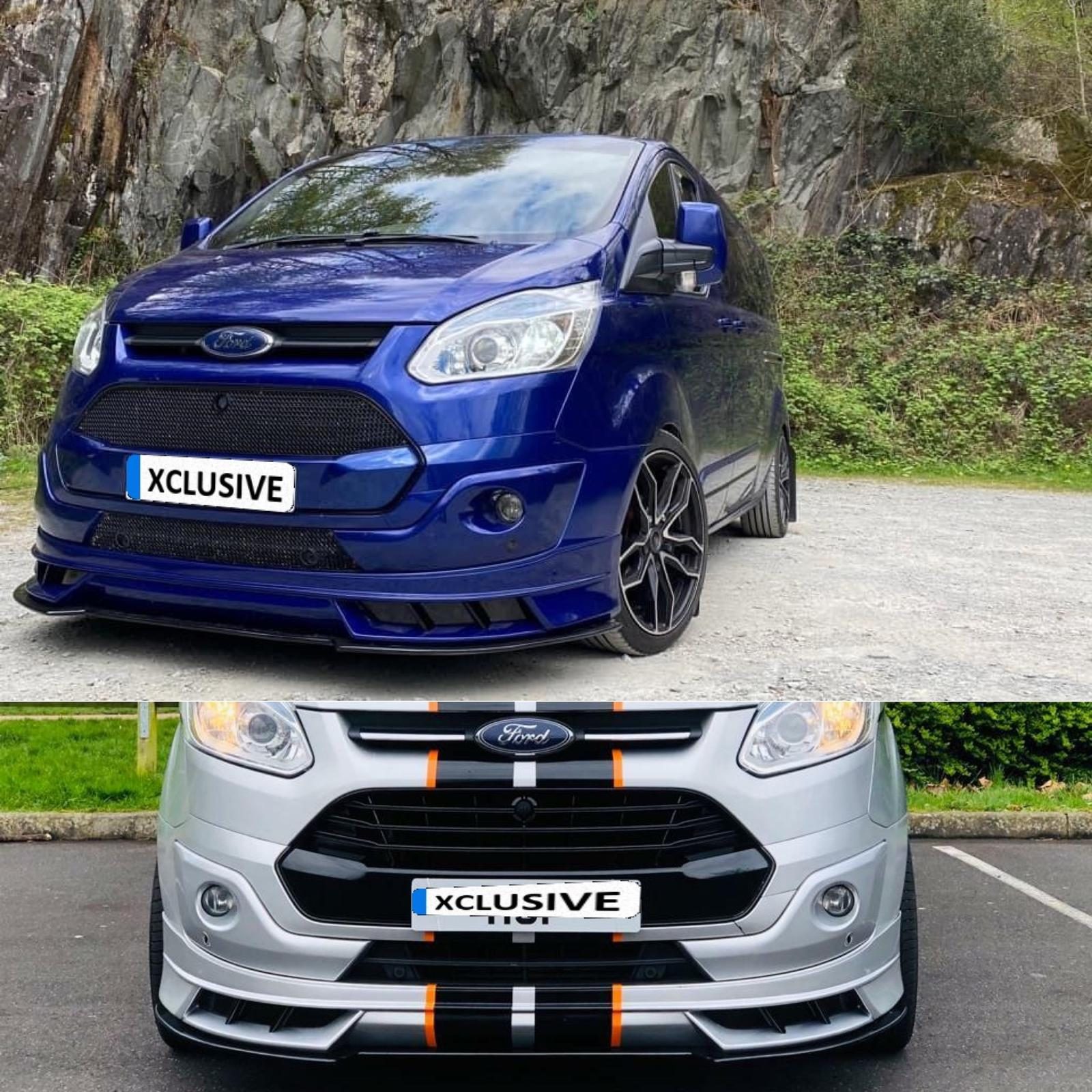 A Blue Ford Transit Custom with our V1 Pre-facelift front Bumper add on Front Bumper attached.