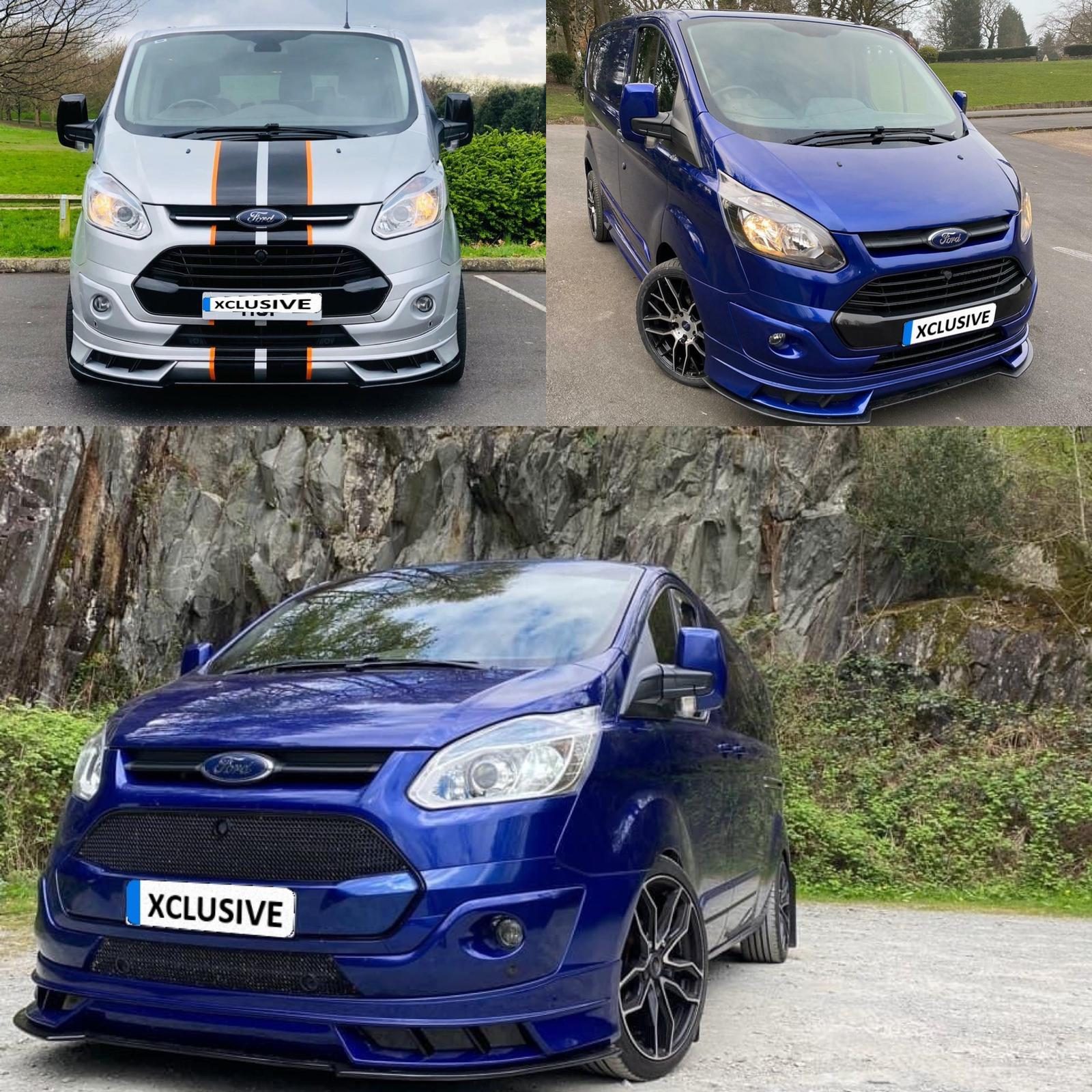 A Blue Ford Transit Custom with our V1 Pre-facelift front Bumper add on Front Bumper attached.