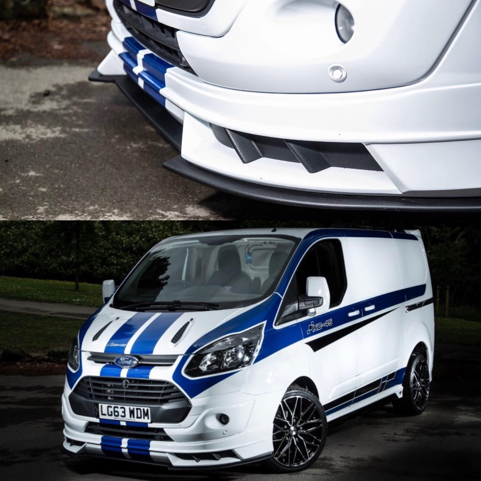 A photo showing 2 Ford Transit Customs both with the V1 Front add on