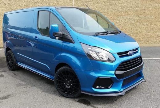 A Blue Ford Transit Custom with our Full VS Front Bumper attached.